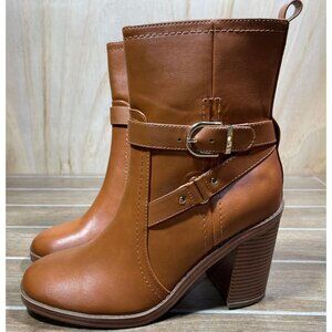 Liz Claiborne Size 10 M Olinda Cognac Faux Leather Block Heel Ankle Boots